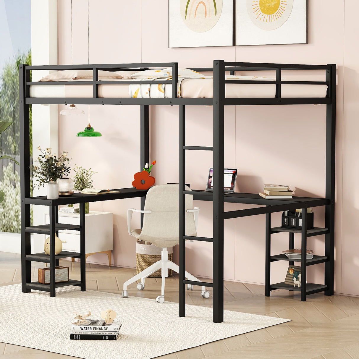All metal loft bed with desk and shelf, loft bed with ladder and guardrail, black with black desk - V.I.P Digital Presence