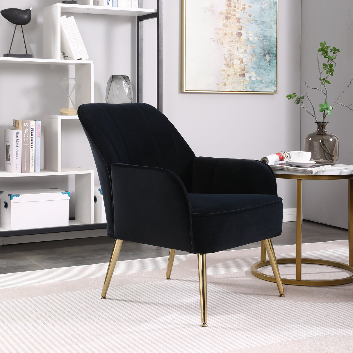 Modern Mid Century Chair velvet Sherpa Armchair for Living Room Bedroom Office Easy Assemble(NAVY) - V.I.P Digital Presence