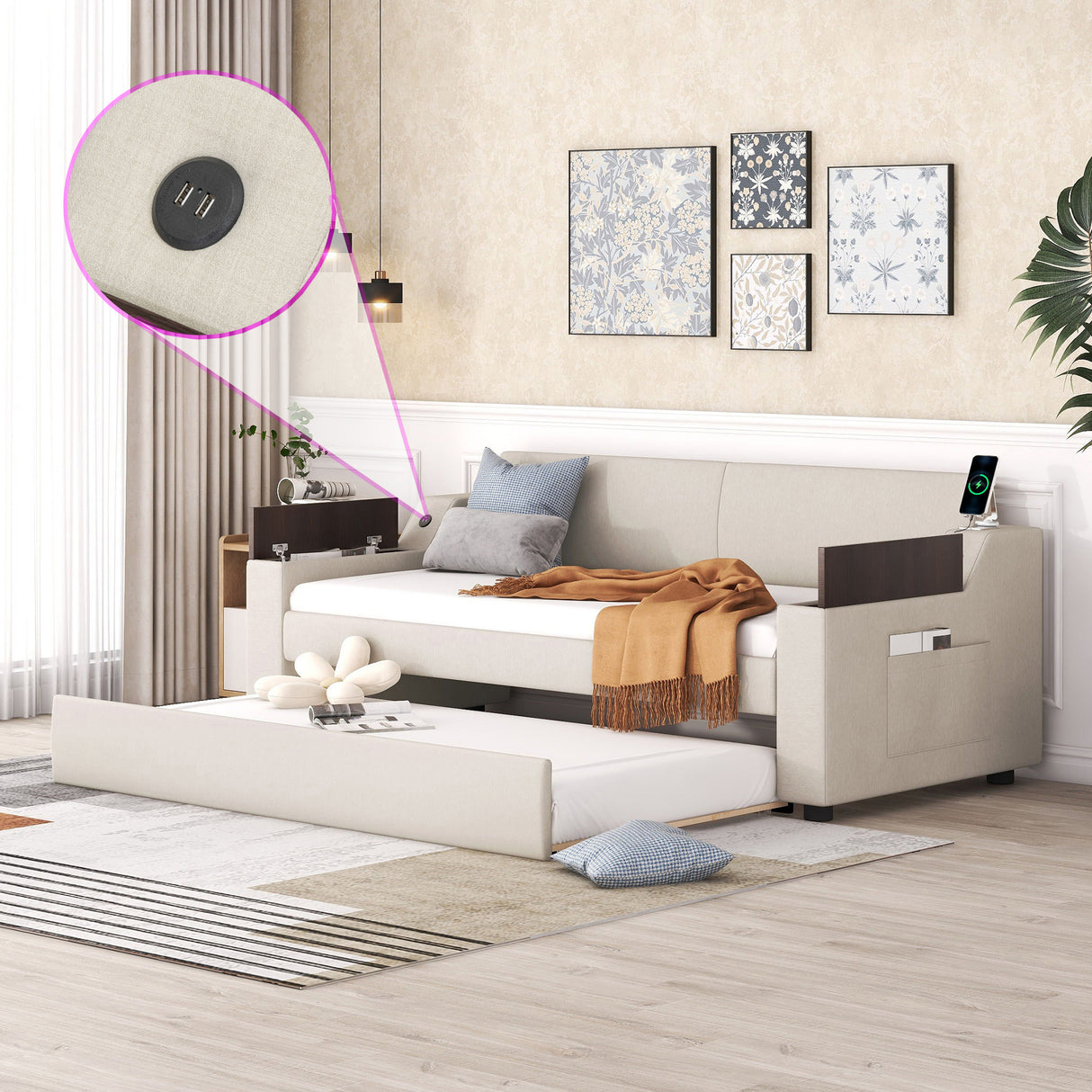 Twin Size Upholstery Daybed with Storage Arms Trundle and USB Design Beige