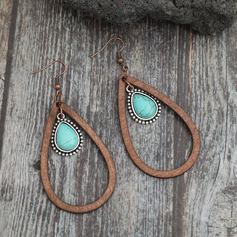 Wooden Turquoise Cutout Teardrop Earrings - V.I.P Digital Presence