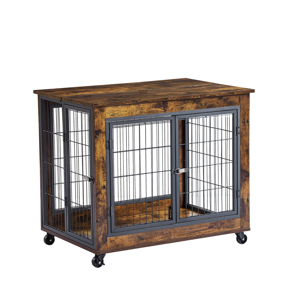 Furniture Style Dog Crate Side Table on Wheels with Double Doors and Lift Top. Rustic Brown, 31.50'' W x 22.05'' D x 25'' H. - V.I.P Digital Presence