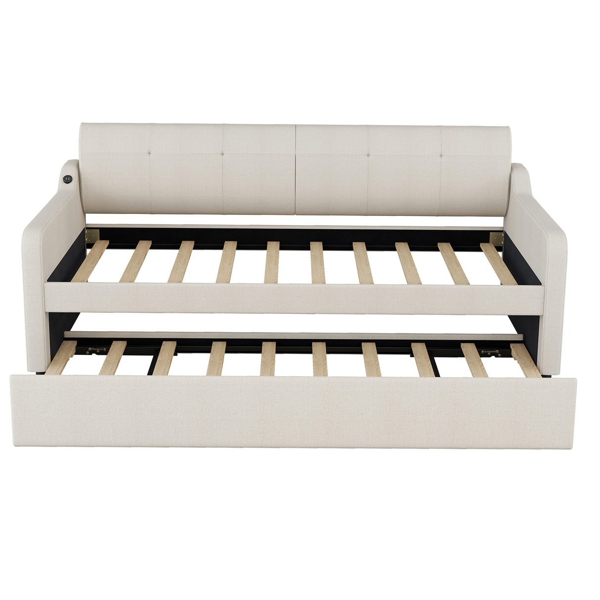 Twin Size Upholstery Daybed with Trundle and USB Charging Design Trundle can be flat or erected Beige