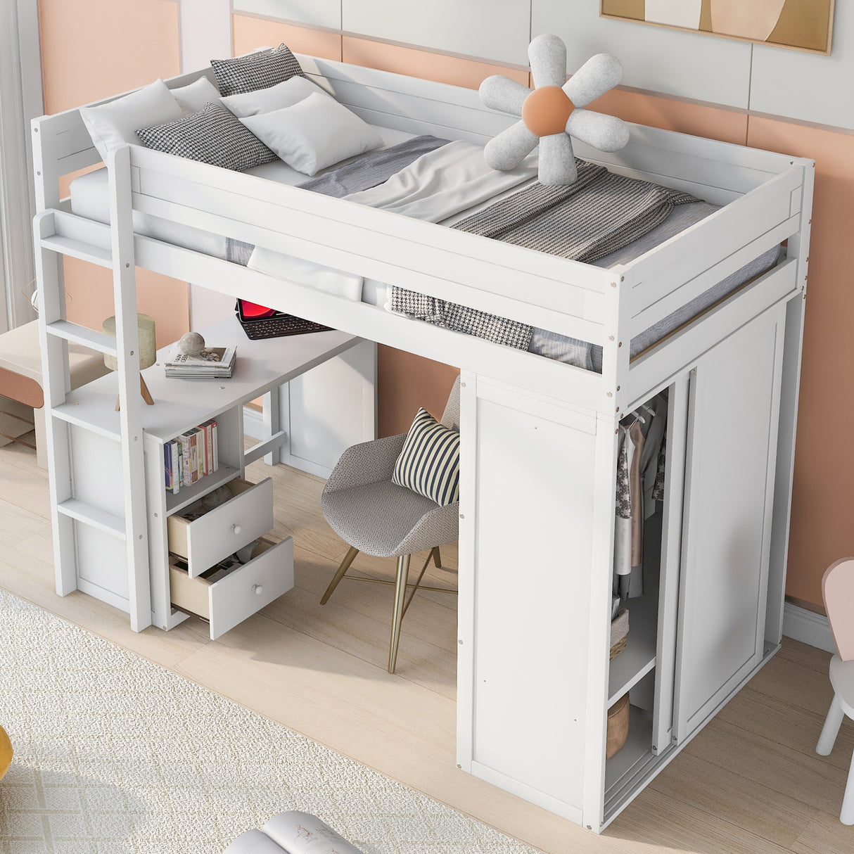 Wood Twin Size Loft Bed with Wardrobes and 2-Drawer Desk with Cabinet White
