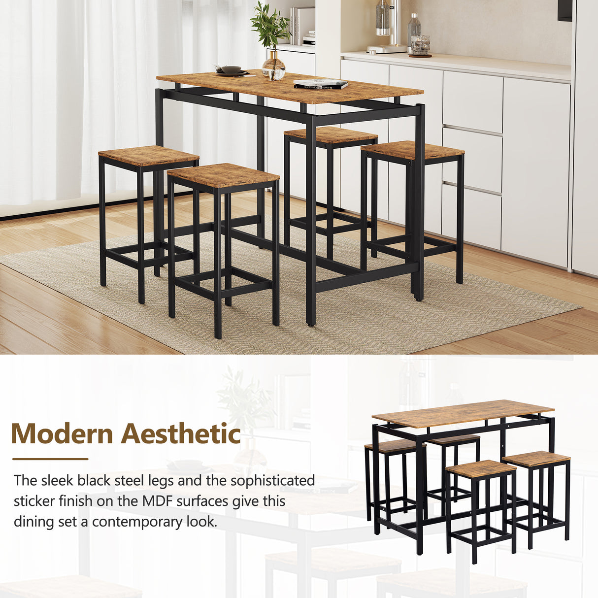 TREXM 5-piece compact bar table with table and stool - modern industrial design brown - V.I.P Digital Presence