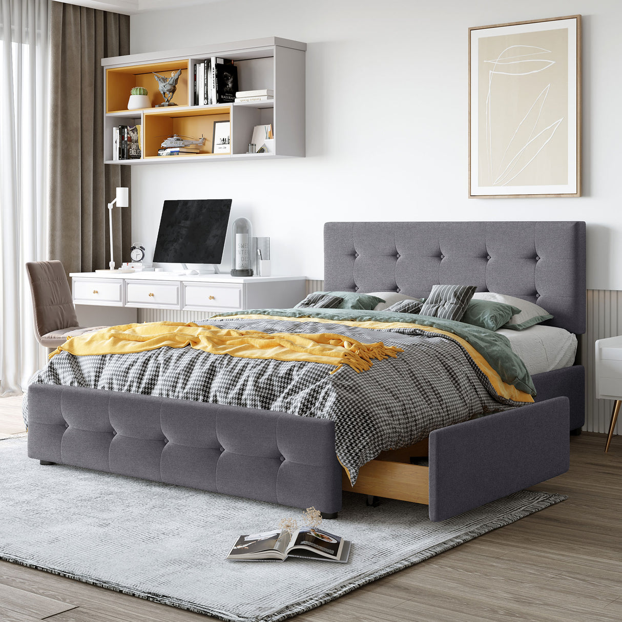 Upholstered Platform Bed with Classic Headboard and 4 Drawers No Box Spring Needed Linen Fabric Queen Size Dark gray - V.I.P Digital Presence