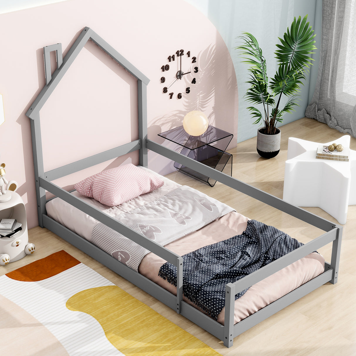 Twin Size Wood bed with House-shaped Headboard Floor bed with Fences,Grey - V.I.P Digital Presence