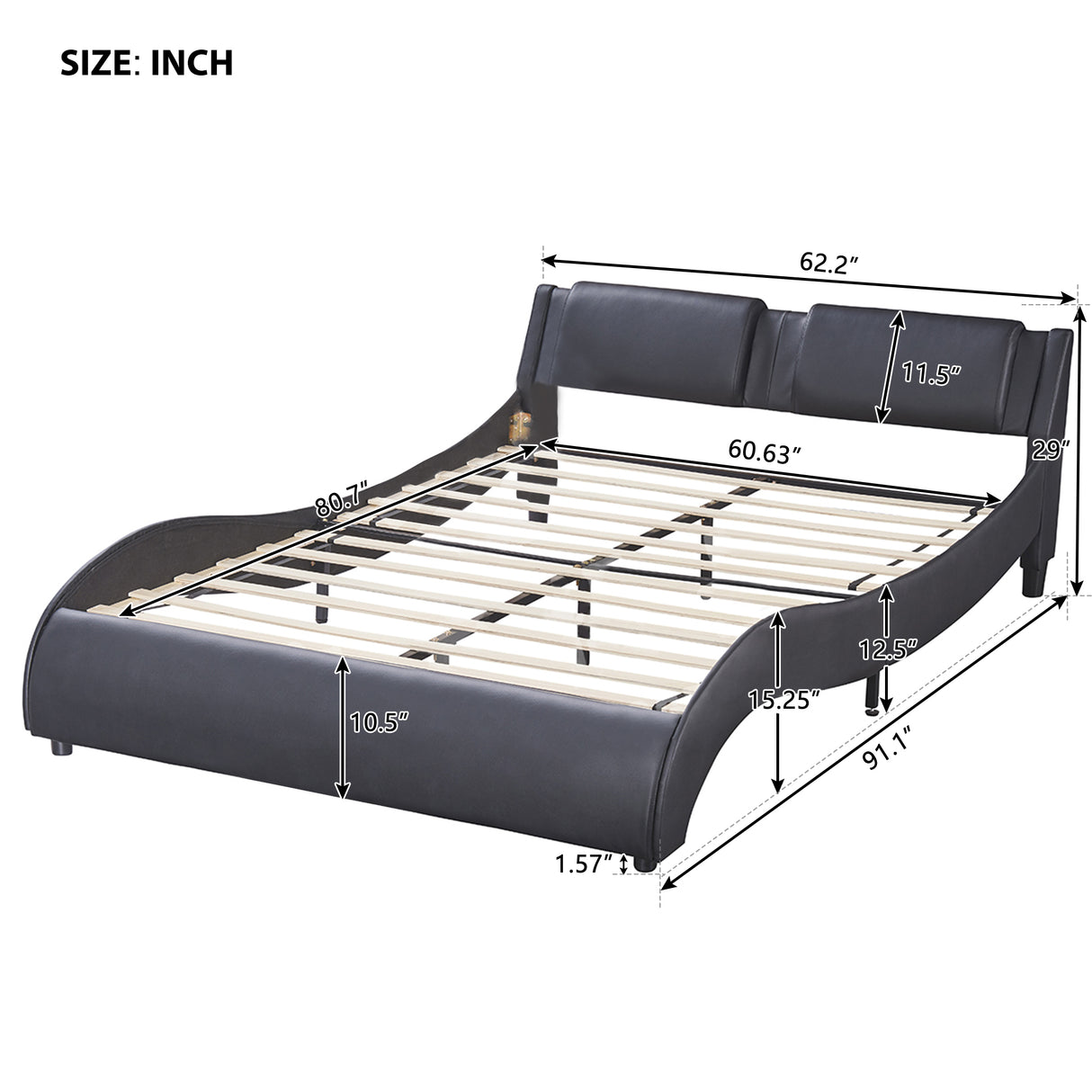 Queen Size Upholstered Faux Leather Platform Bed with LED Light Bed Frame with Slatted - Black - V.I.P Digital Presence