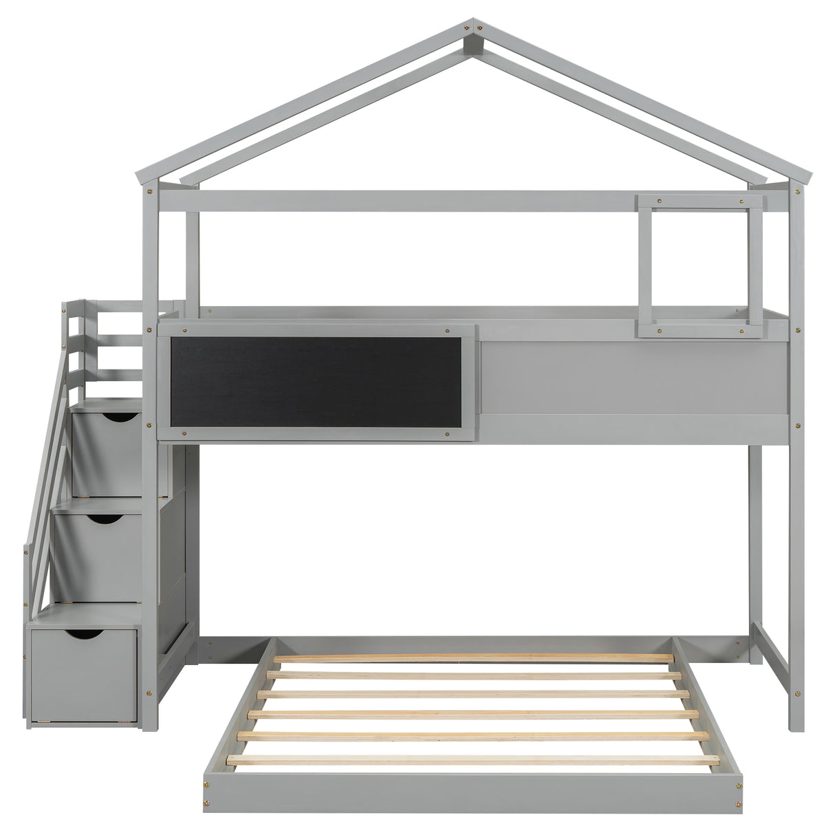 Twin over Full House Bunk Bed with Storage Staircase and Blackboard Gray