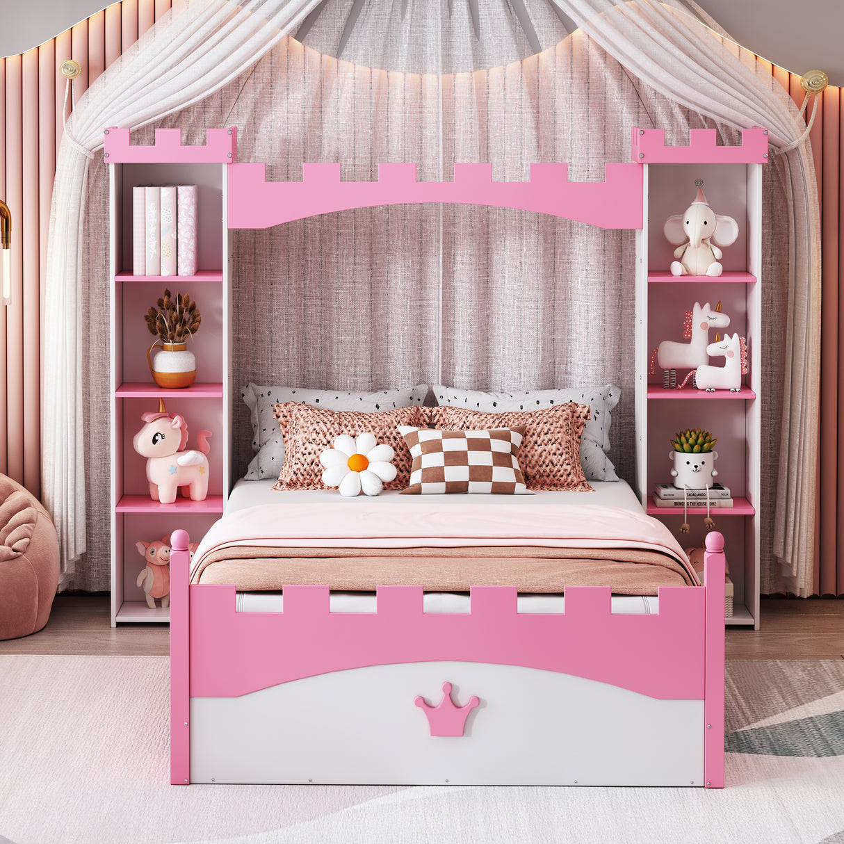 Castle-Shaped Wooden Bed with Storage Shelf, Dreamy Twin Size Platform Bed for Kids Bedroom, White + Pink - V.I.P Digital Presence