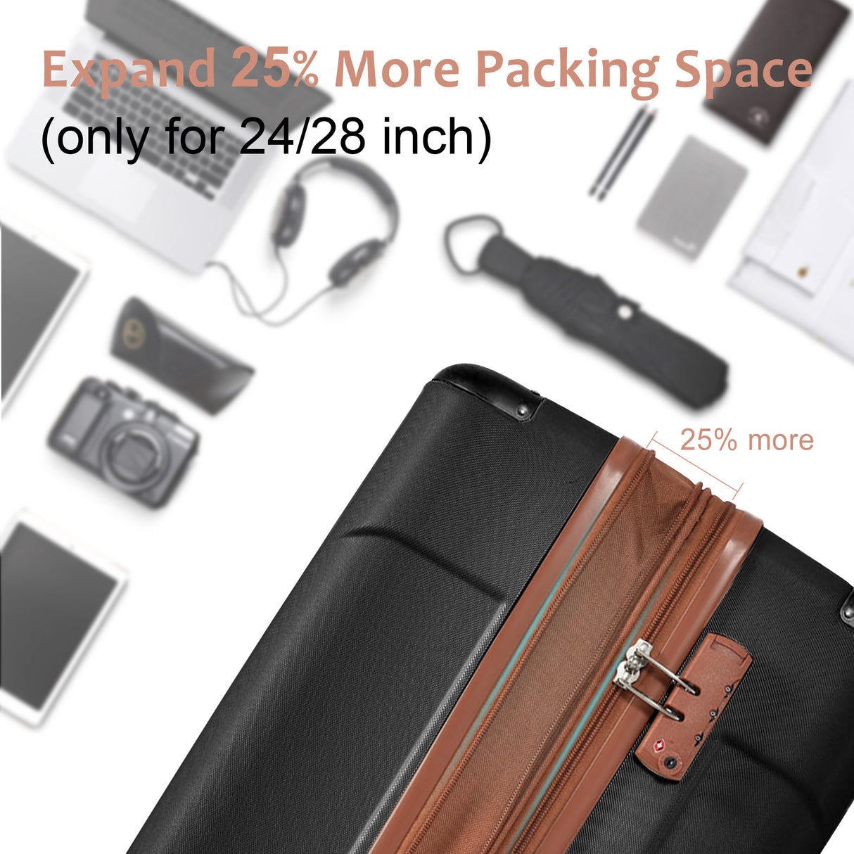 Hard shell luggage set 6-piece luggage set, expandable lightweight wheeled luggage, TSA lock, black brown - V.I.P Digital Presence