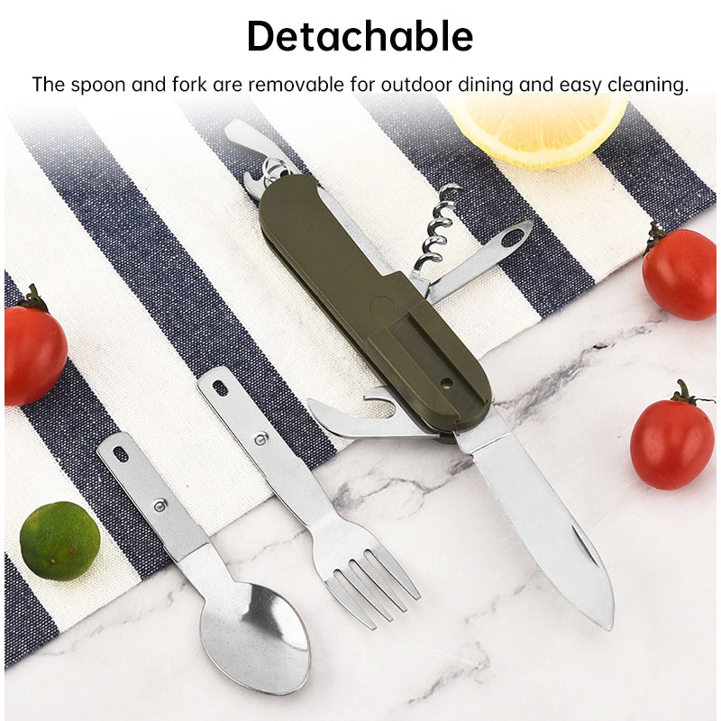 7-in-1 multifunctional stainless steel foldable outdoor camp tableware: fork, spoon, knife. Survival tools for picnic, camping.