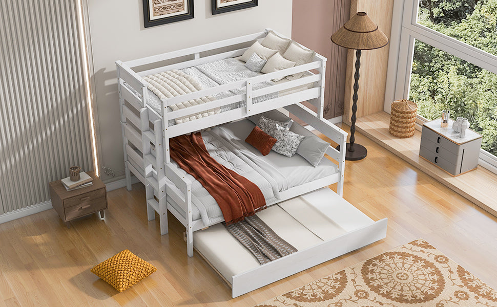 Wood Twin over Full Bunk Bed with Twin Size Trundle White