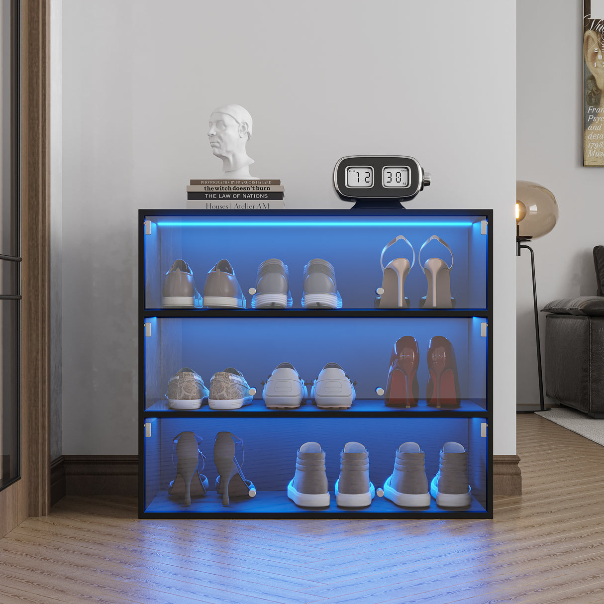 Black Glass Door Shoe Box Shoe Storage Cabinet With RGB Led Light - V.I.P Digital Presence