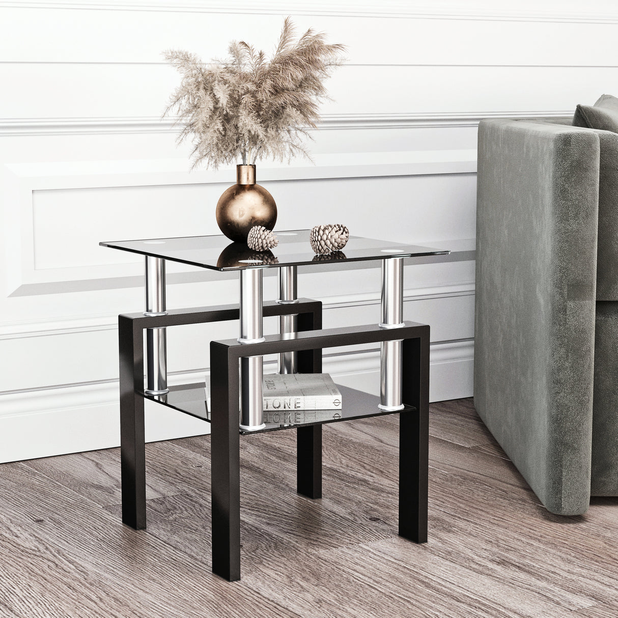 1-Piece Modern Tempered Glass Tea Table Coffee Table End Table, Square Table for Living Room, Black - V.I.P Digital Presence