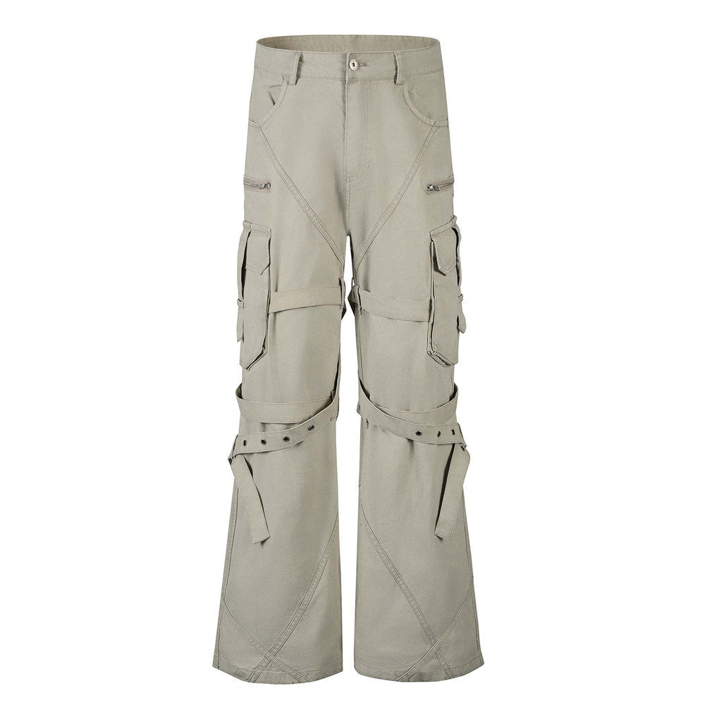 High Street Style Multi-Pocket Workwear Flared Trousers with Belt Design for Men - V.I.P Digital Presence