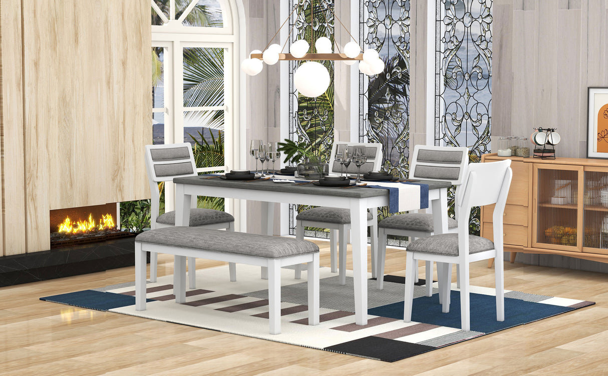 TREXM Classic and Traditional Style 6 - Piece Dining Set, Includes Dining Table 4 Upholstered Chairs & Bench (White+Gray)