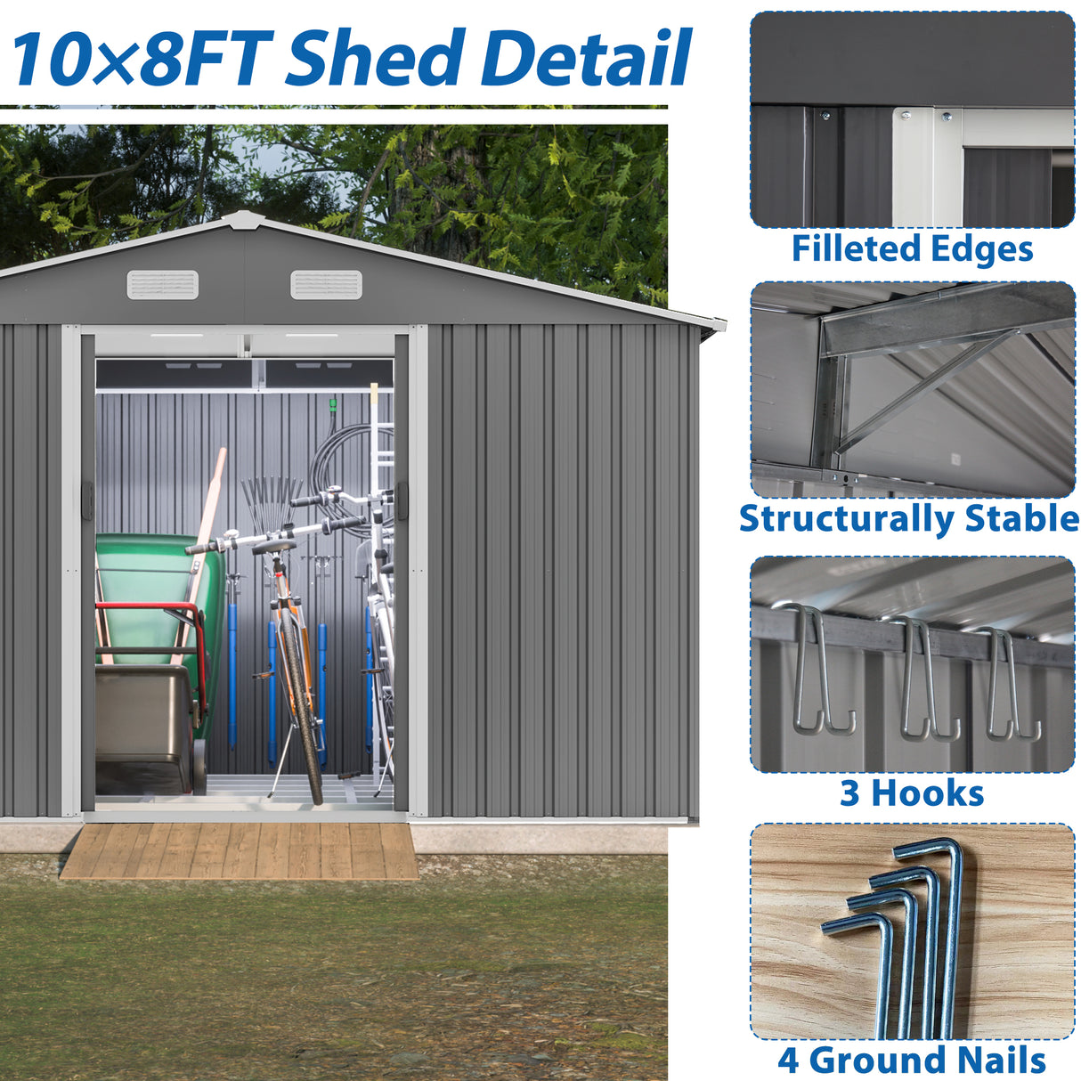 10X8 FT outdoor tool storage shed with metal foundation and lockable door, all-weather metal shed, gray - V.I.P Digital Presence