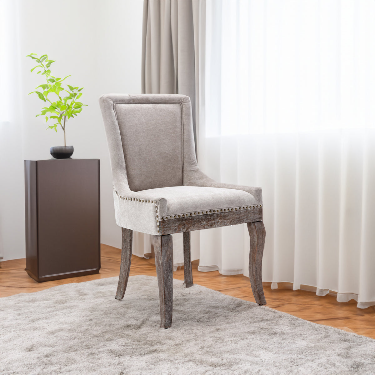 Ultra Side Dining Chair Thickened fabric chairs with neutrally toned solid wood legs Bronze nail head Set of 2 Beige