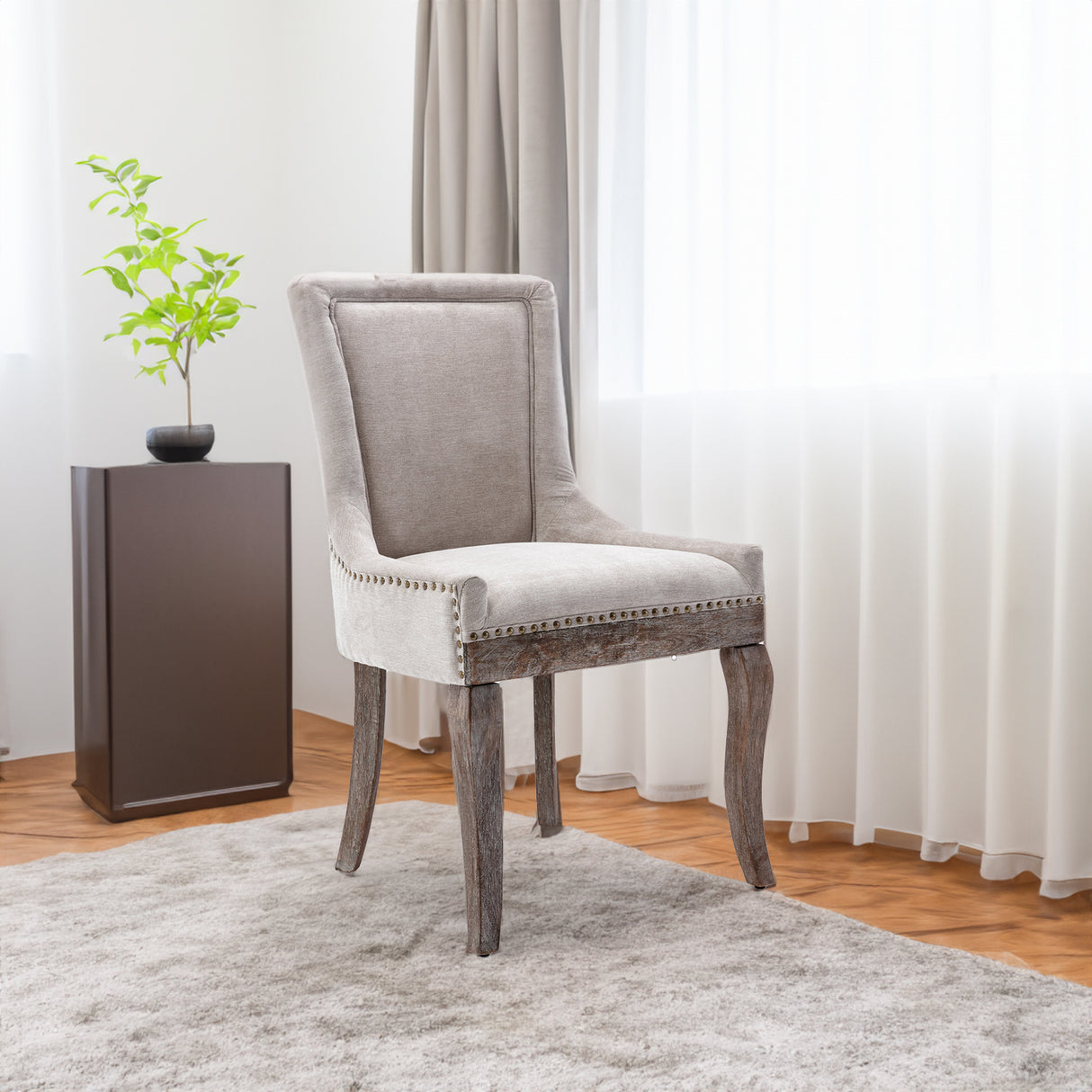 Ultra Side Dining Chair Thickened fabric chairs with neutrally toned solid wood legs Bronze nail head Set of 2 Beige