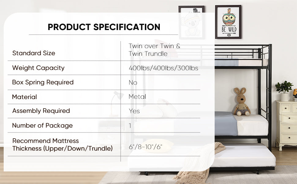 Twin bunk bed frame with trailer, metal bunk bed with sturdy guardrail and side ladder, can be divided into two beds, black - V.I.P Digital Presence