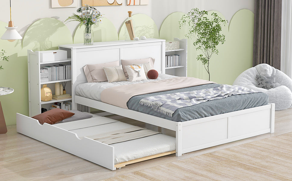 Queen Size Storage Platform Bed with Pull Out Shelves and Twin XL Size Trundle White