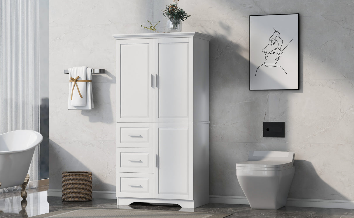 Tall and Wide Storage Cabinet with Doors for Bathroom/Office, Three Drawers, White - V.I.P Digital Presence