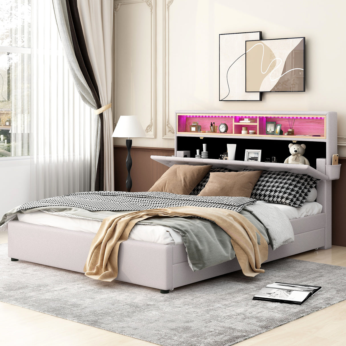 Queen Size Upholstered Platform Bed with Storage Headboard LED USB Charging and 2 Drawers Beige