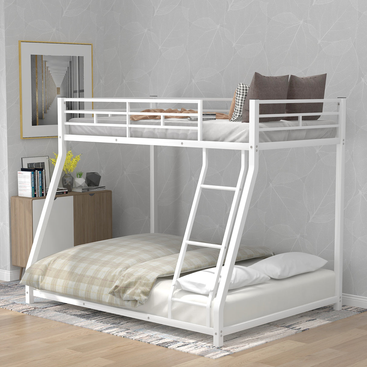 Metal Floor Bunk Bed Twin over Full White