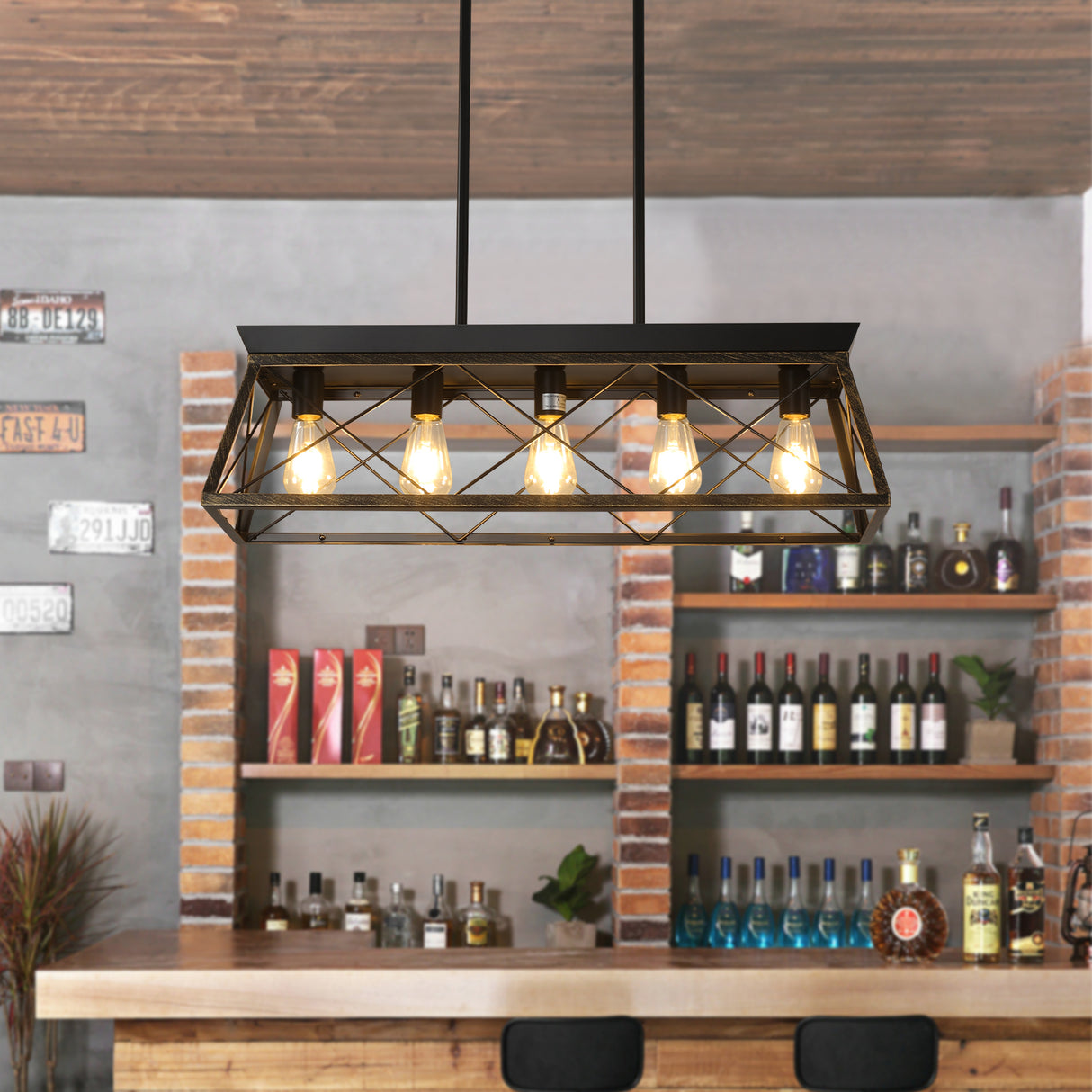 5-Light Farmhouse Chandeliers for Dining Room Metal Rustic Pendant Island Light Modern Rectangular Island Lights (No Bulbs)