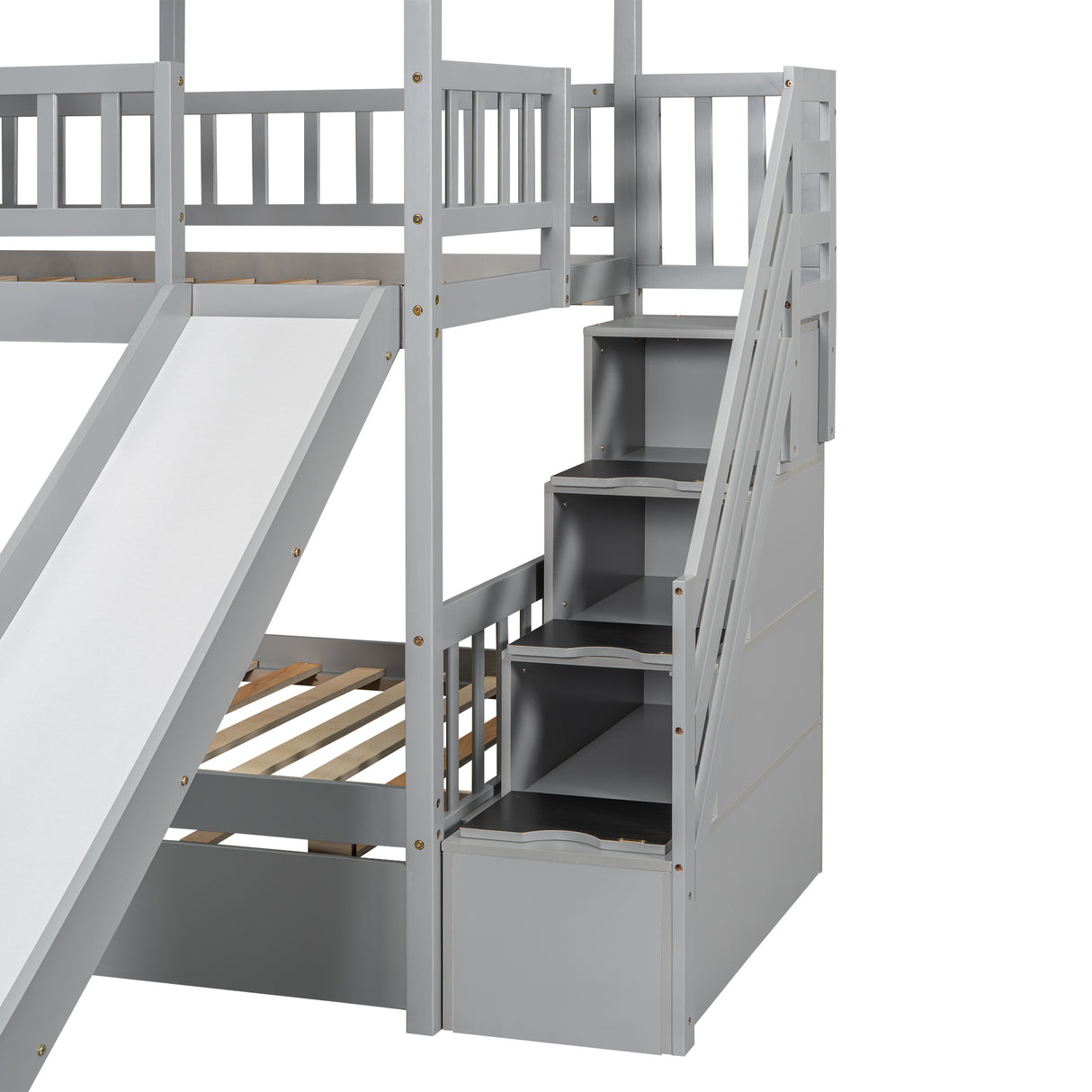 Twin over Twin House Bunk Bed with Trundle and Slide Storage Staircase, Roof and Window Design Gray