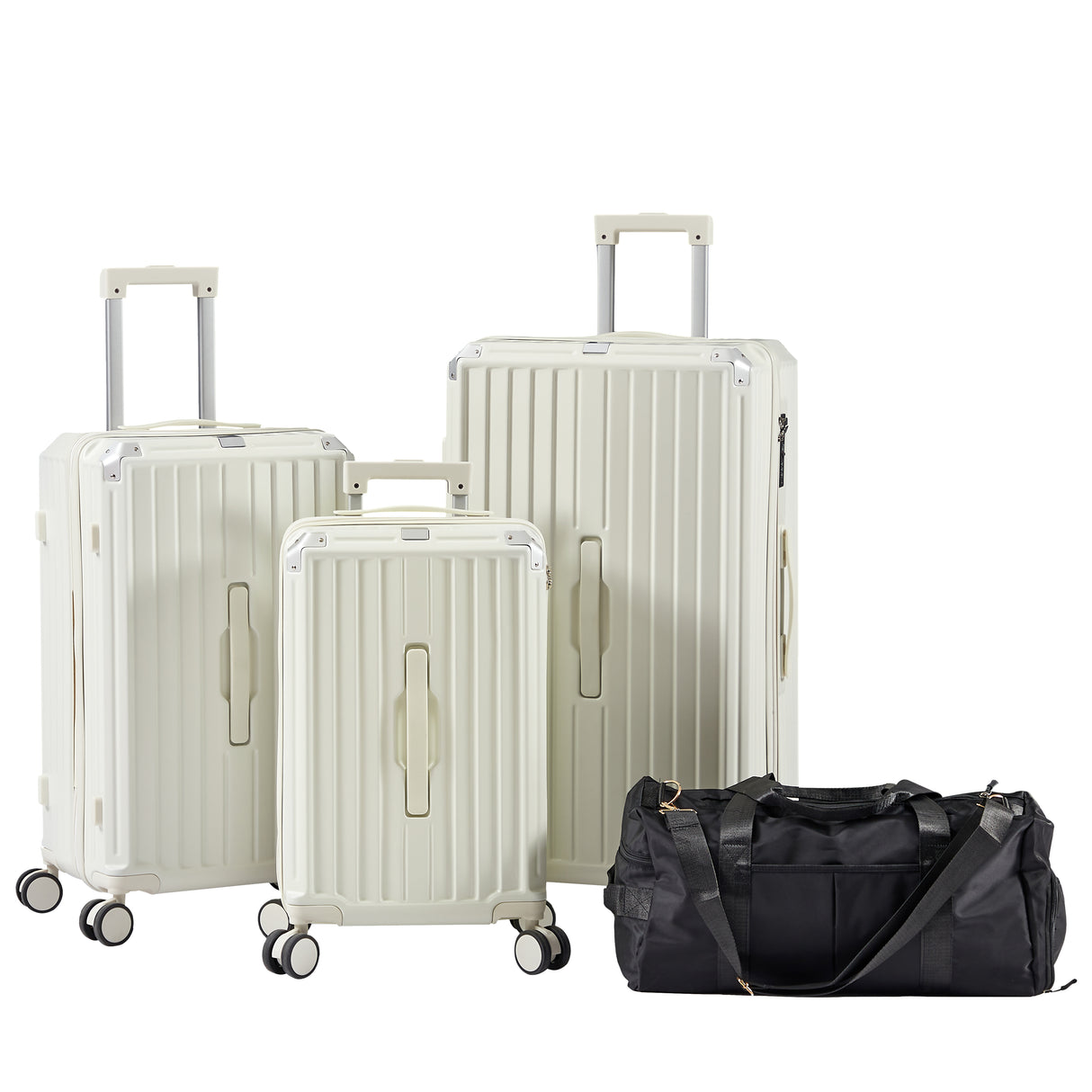 Luggage Set 4 pcs (20"/24"/29"/Travel Bag), PC+ABS Durable Lightweight Luggage with Collapsible Cup Holder、 TSA Lock, White