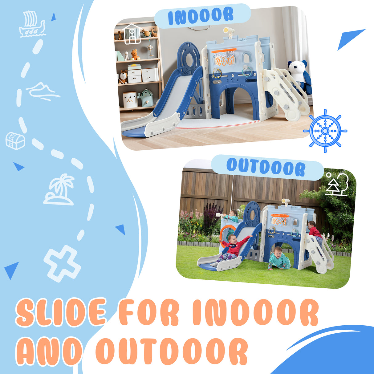 9-1 Toddler Slide Set,Kids Slide for Toddlers Ages 1+, Basketball Hoop, Tunnel and Storage Space, Pirate Ship Themed Slide - V.I.P Digital Presence