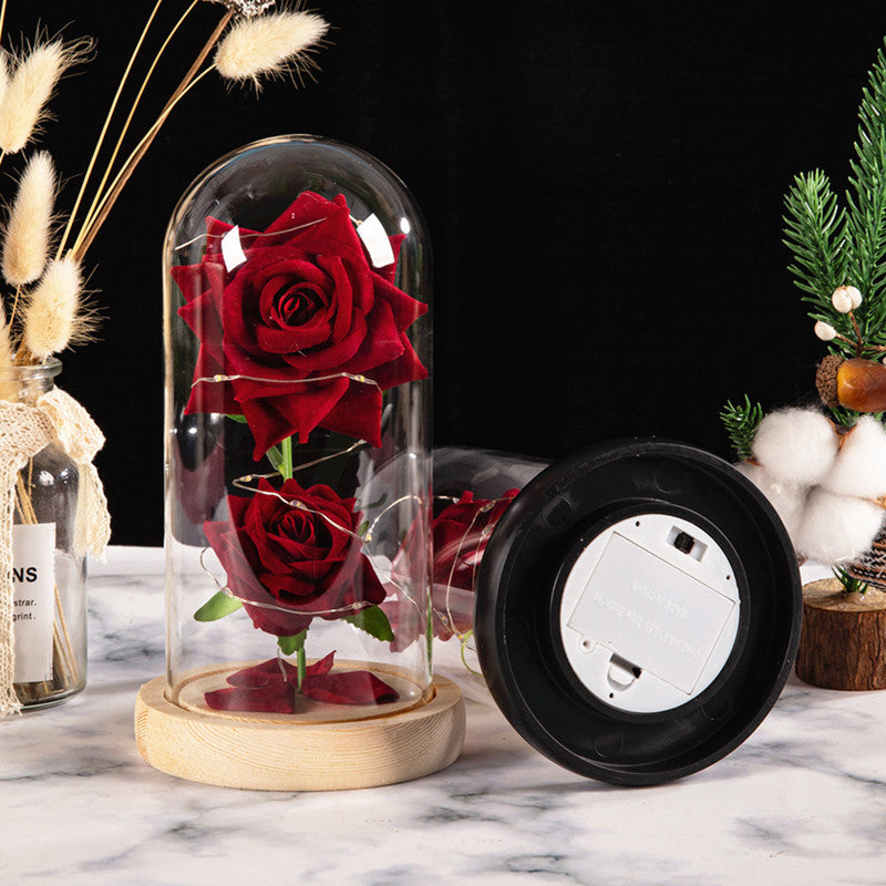 Christmas Valentine's Day Birthday Gift Two Roses Glass Cover Ornament LED Light Simulation Immortal Flower - V.I.P Digital Presence