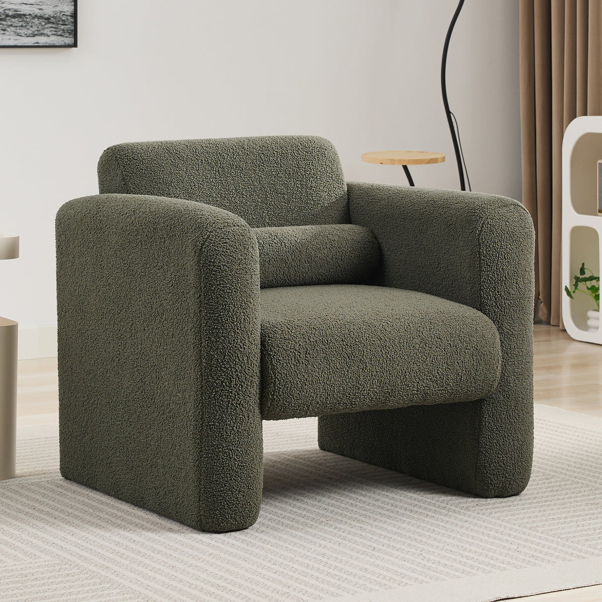 Modern style chair with sheepskin Sherpa fabric soft cushion, comfortable armchair, soft with backrest and pillow, seaweed green - V.I.P Digital Presence