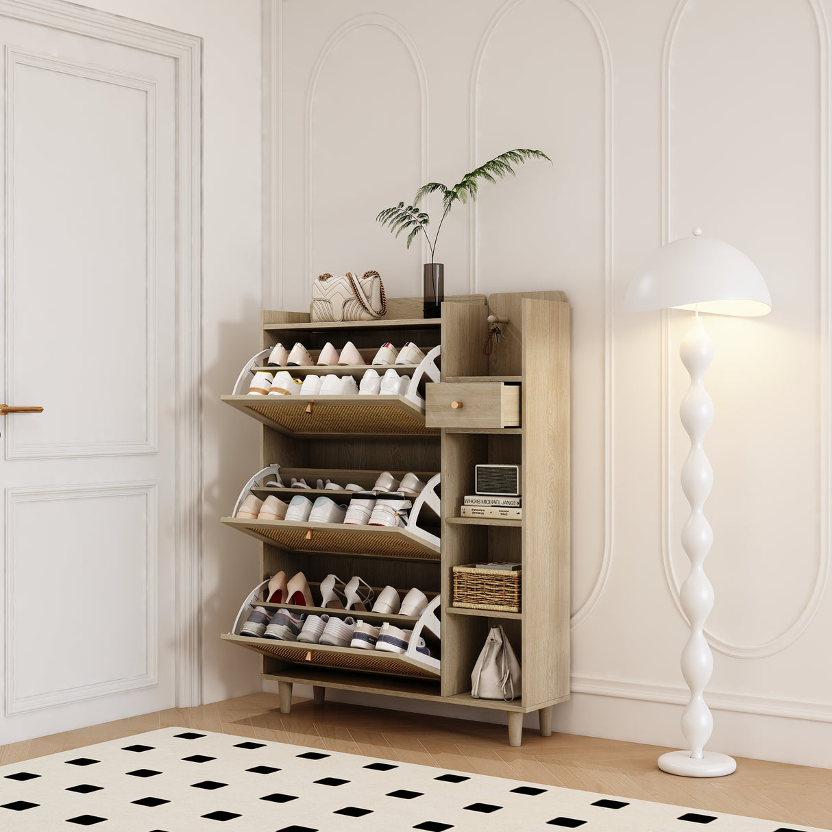 Natural Bohemian style shoe cabinet with 3 rattan flip drawers, 3 square shelves, and 1 storage drawer, Natural - V.I.P Digital Presence