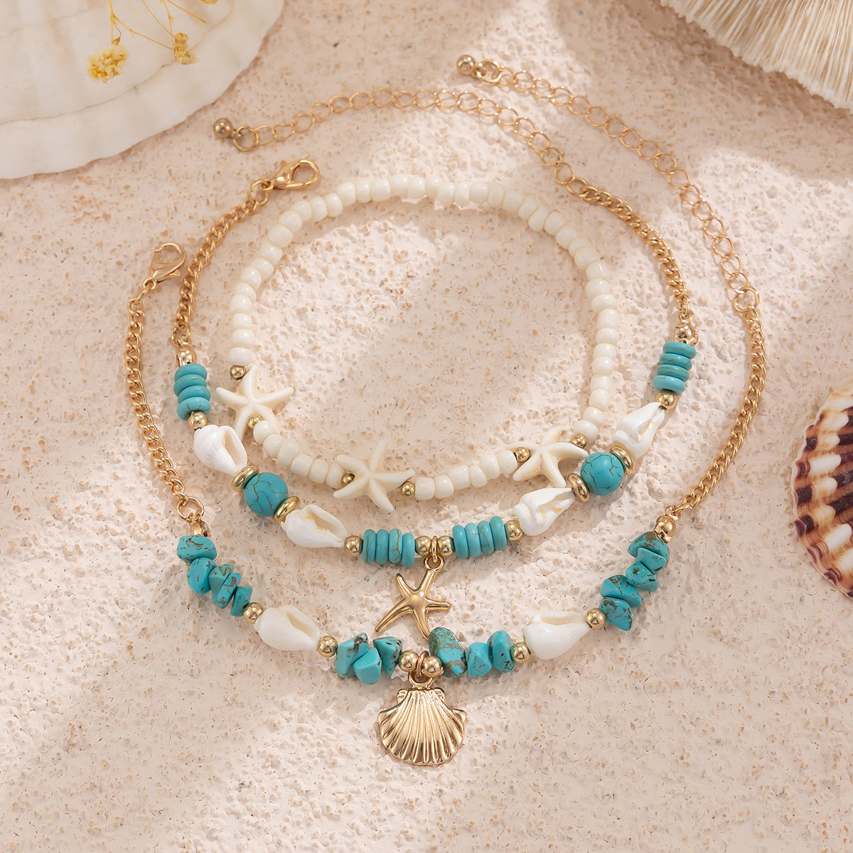 Vacation beach style turquoise set with special dense chain, simple starfish multi-layer rice bead ankle chain - V.I.P Digital Presence