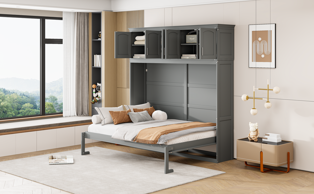 Full Size Murphy Bed Wall Bed with Top Cabinets,Gray - V.I.P Digital Presence
