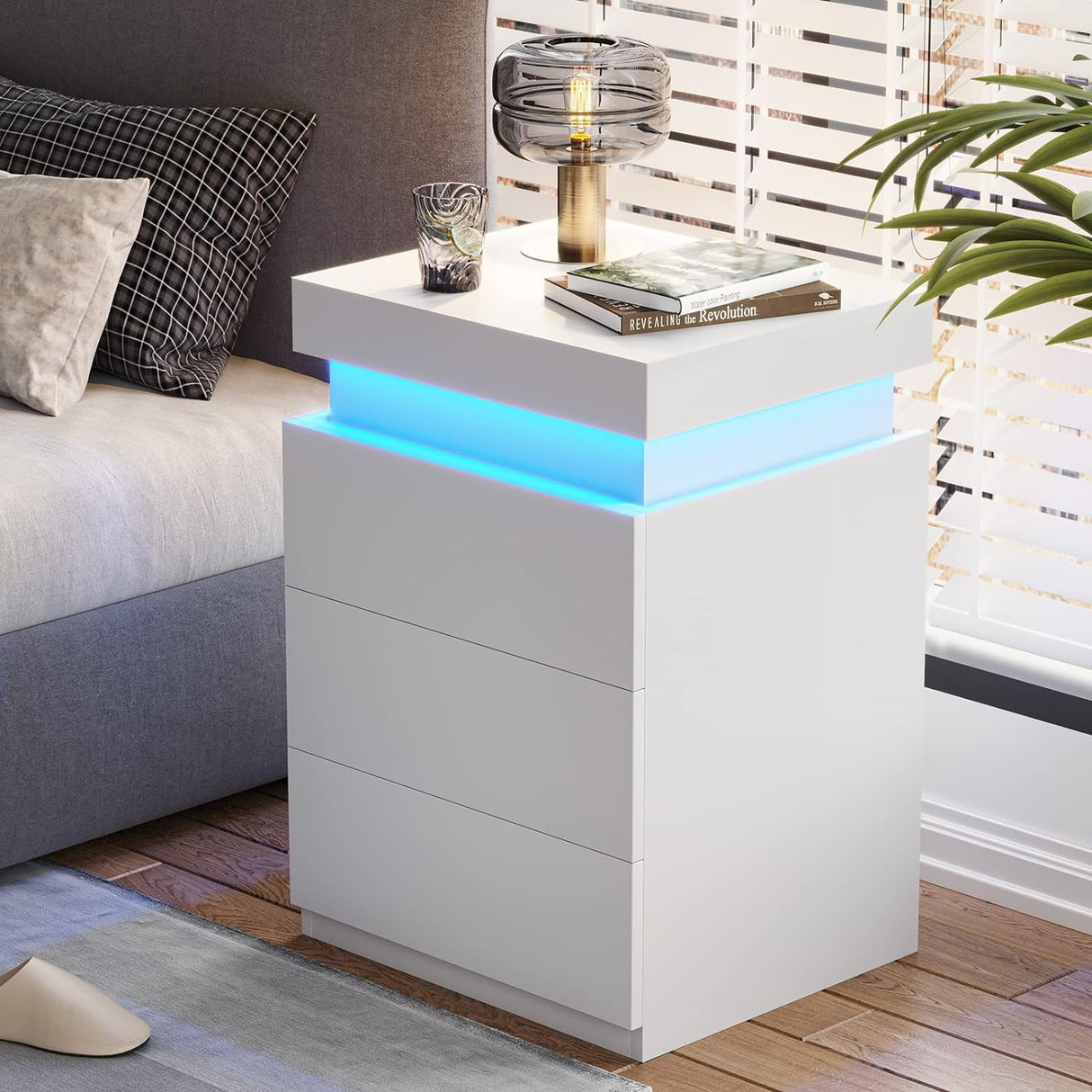 LED White Nightstand With 3 Drawers, Modern Multi-Colour LED Night Table Bedside Tables for Bedroom, Living Room - V.I.P Digital Presence