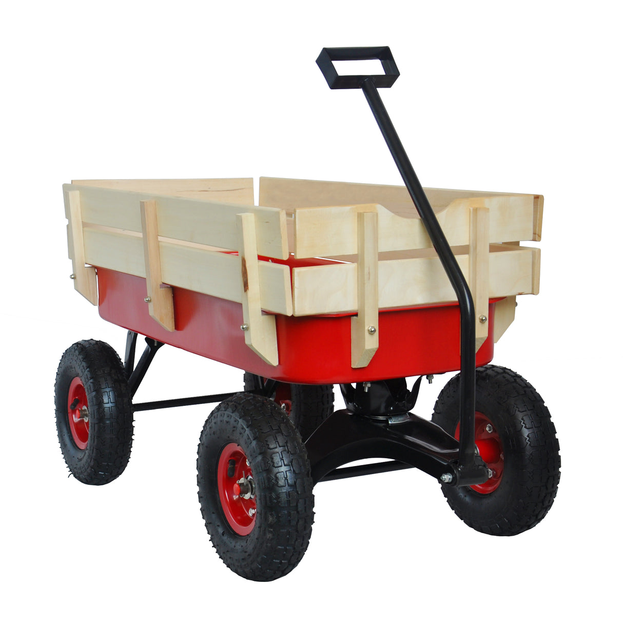 Outdoor Wagon All Terrain Pulling w/Wood Railing Air Tires Children Kid Garden(Red)