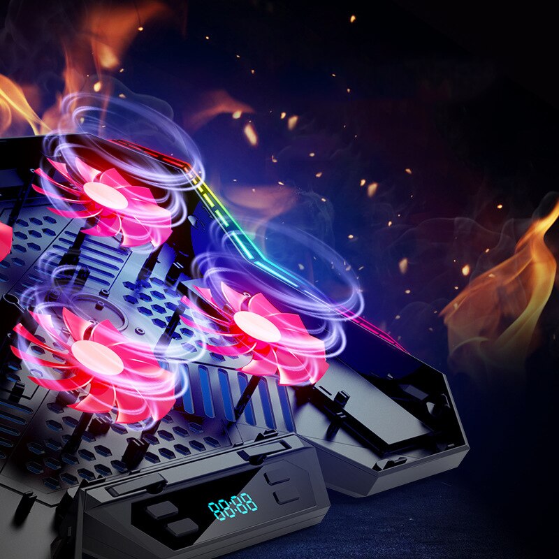 Enfriador de computadora portátil para juegos, seis ventiladores, dos puertos USB, iluminación LED RGB, soporte para computadora portátil de 12 a 17 pulgadas
