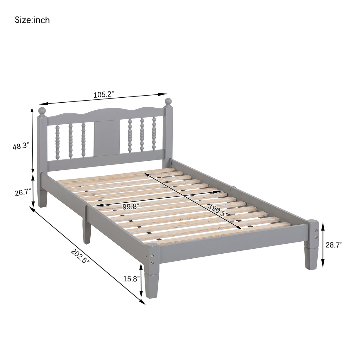 Twin Bed with Column-Decoration Headboard, with Bed Slats,Grey - V.I.P Digital Presence
