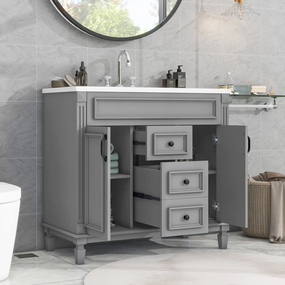 36'' Bathroom Vanity with Top Sink, Modern Bathroom Storage Cabinet with 2 Soft Closing Doors and 2 Drawers, Single Sink Bathroo - V.I.P Digital Presence