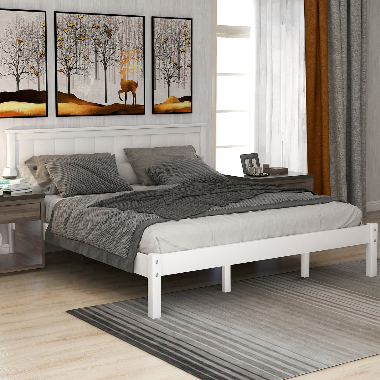 Platform Bed Frame with Headboard, Wood Slat Support, No Box Spring Needed Queen White