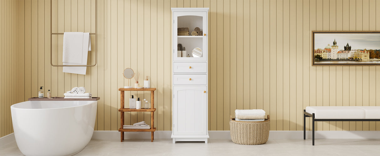 High bathroom storage cabinet with glass door, freestanding, two drawers and adjustable shelves, MDF board, painted white - V.I.P Digital Presence