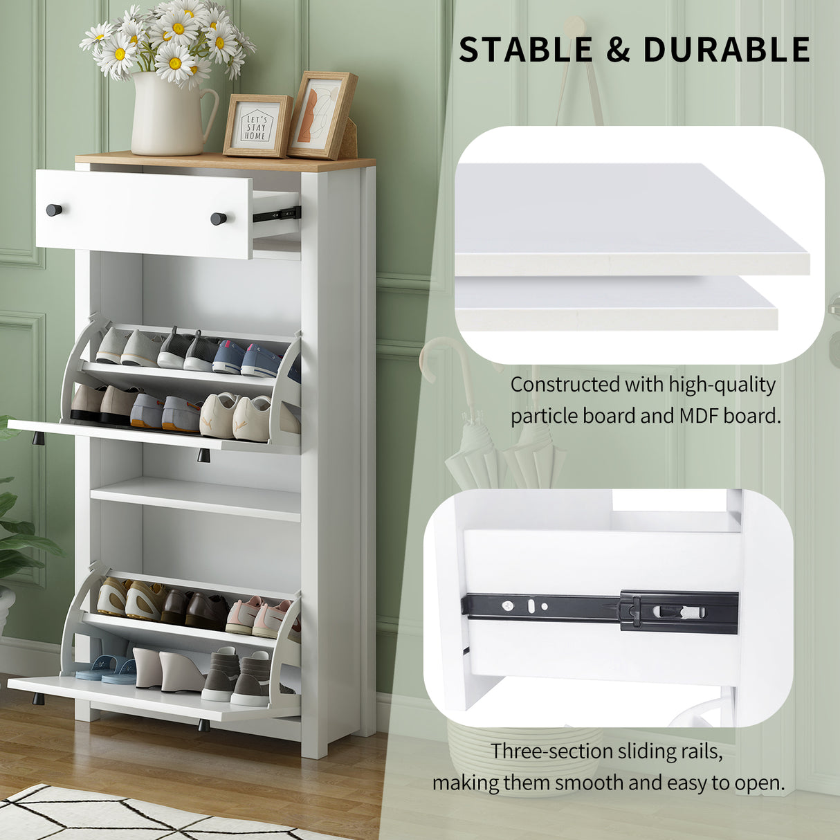 ONTREND with 2 flip drawers, top shoe cabinet with drawers, independent shoe rack with adjustable panel, white - V.I.P Digital Presence