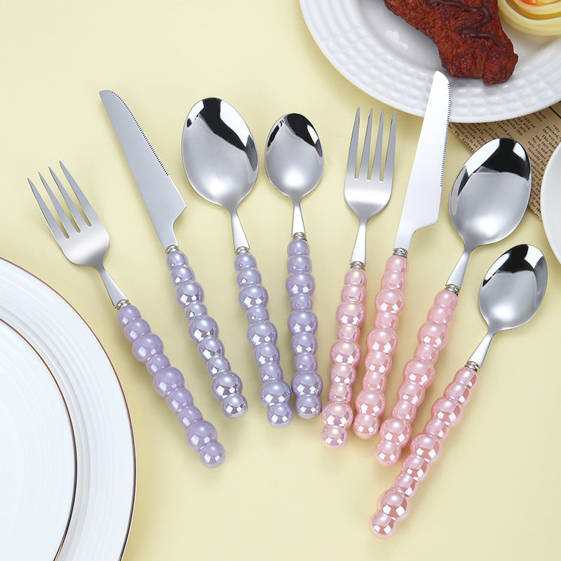 304 stainless steel knife and fork spoon creative pearl ceramic handle tableware western steak knife and fork dessert spoon - V.I.P Digital Presence