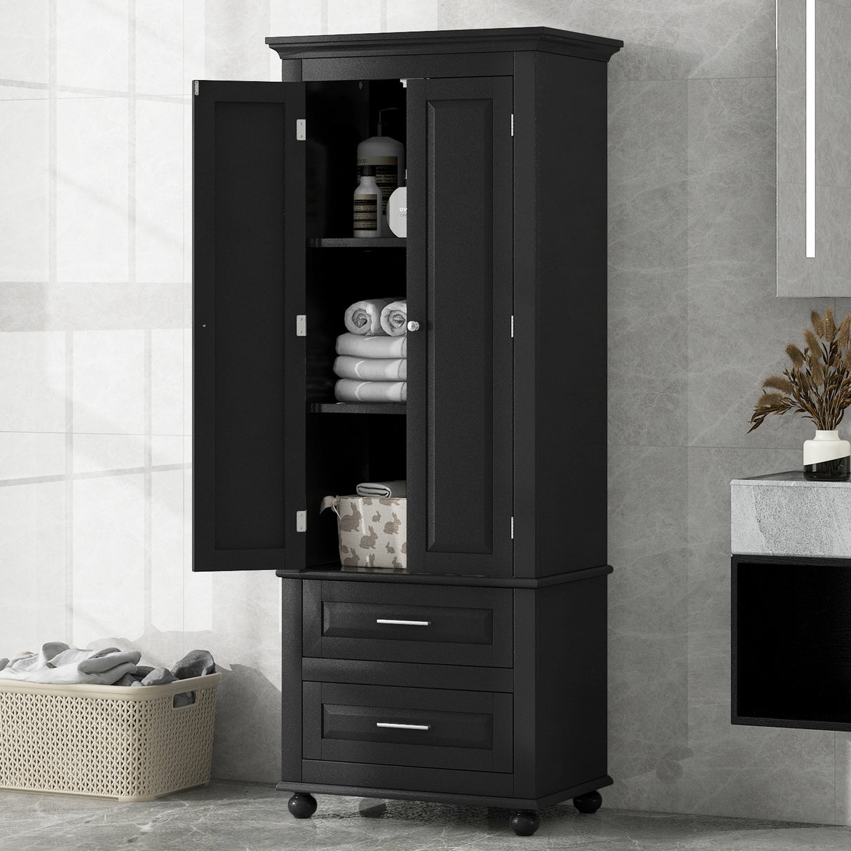 Tall Storage Cabinet with Two Drawers for Bathroom/Office, Black - V.I.P Digital Presence