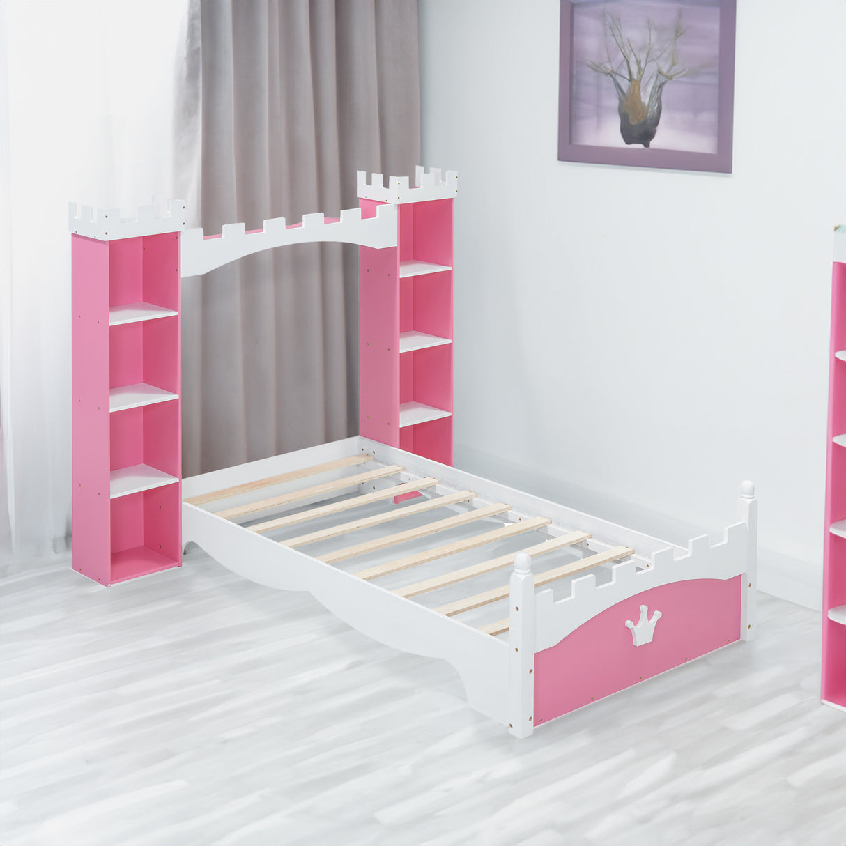 Castle-Shaped Wooden Bed with Storage Shelf, Dreamy Twin Size Platform Bed for Kids Bedroom, Pink+ White - V.I.P Digital Presence