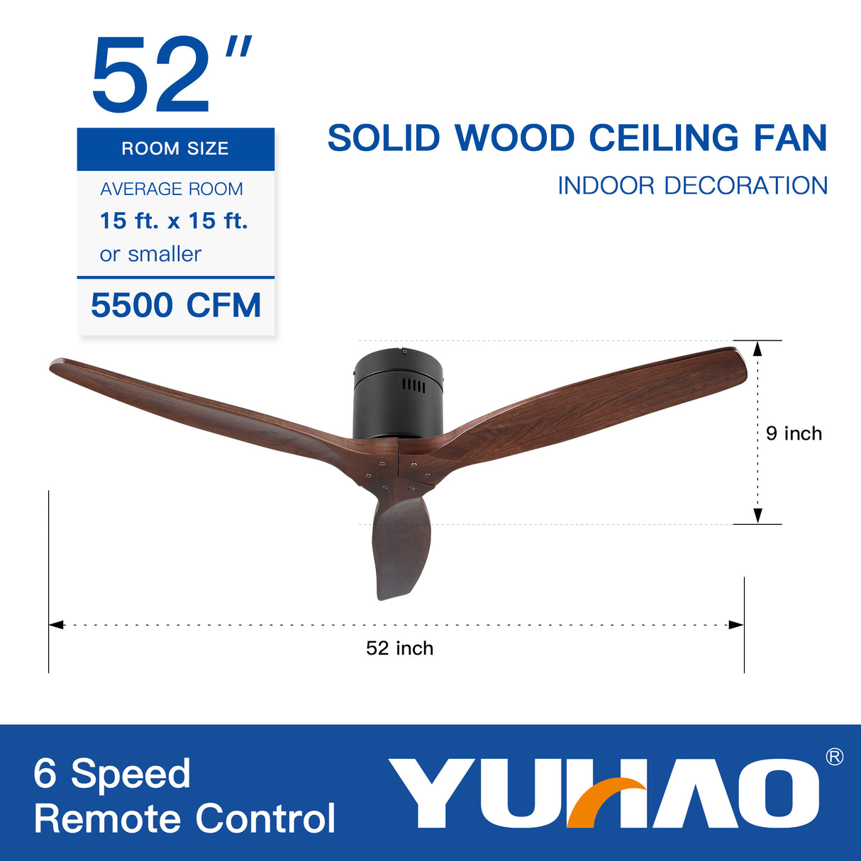 52" YUHAO Farmhouse Rustic Ceiling Fan without Light - Matte Black with Solid Wood Blade - V.I.P Digital Presence