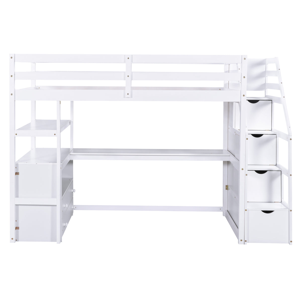 Twin Size Loft Bed with Desk and Shelves Two Built-in Drawers Storage Staircase White